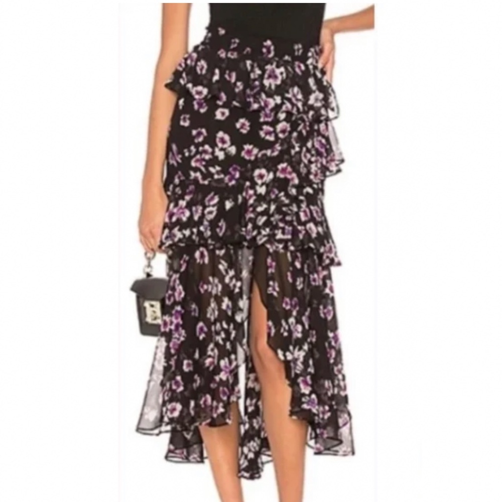 MISA Los Angeles Black with Purple Floral Tiered Ruffled HiLow Maxi Skirt